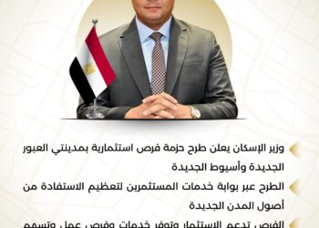 وزير الإسكان يعلن طرح حزمة من الفرص الاستثمارية بمدينتي العبور وأسيوط الجديدتين عبر بوابة خدمات المستثمرين